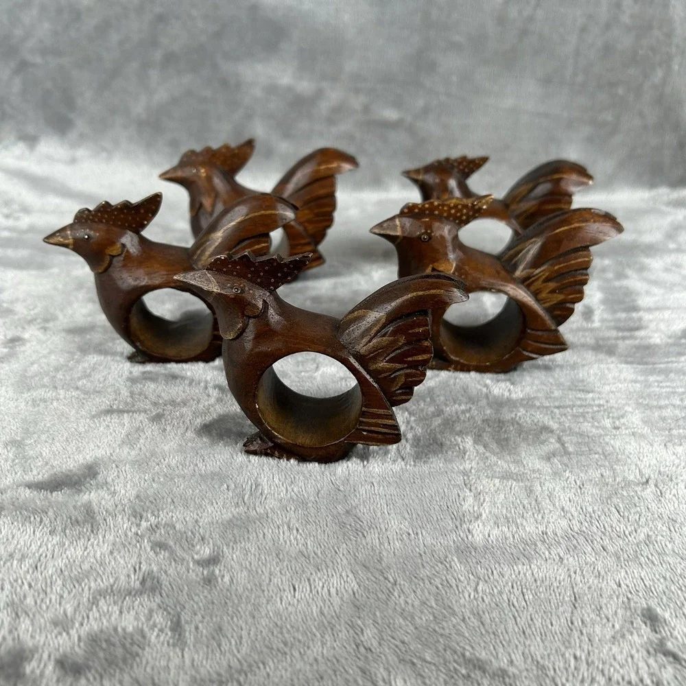 Carved Wooden Napkin Rings Set Of 5 Chicken Rooster Hand Made Vintage Dark Wood